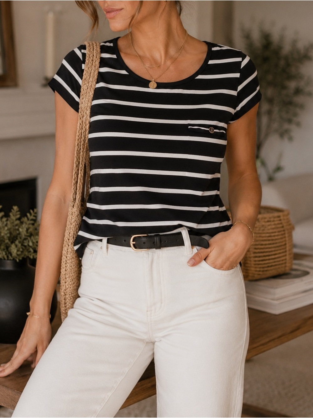 Kenar Black White Striped Tee Medium Nautical Coastal Chic Minimalist Top